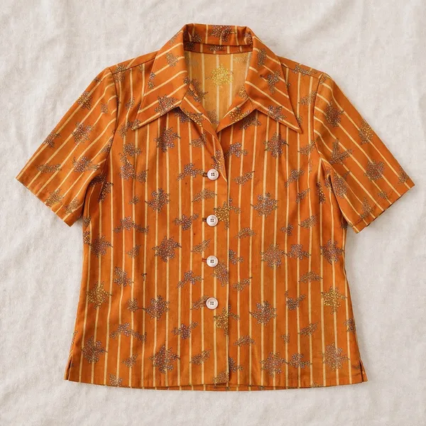camisa brechó vintage anos 70 laranja estampada floral poliéster