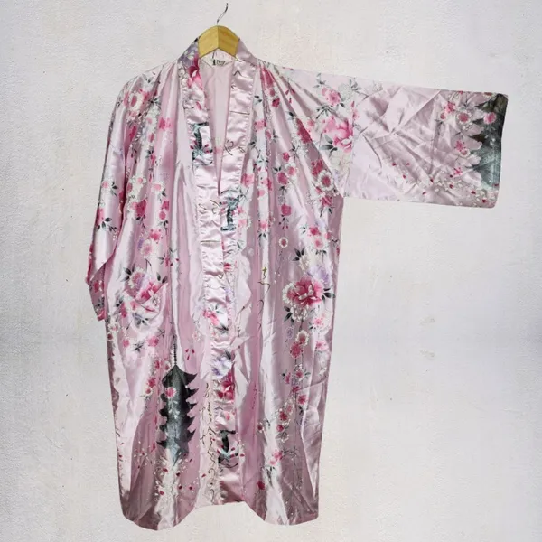 Robe Quimono Floral Rosé Brechó Estilo Japonês Cetim