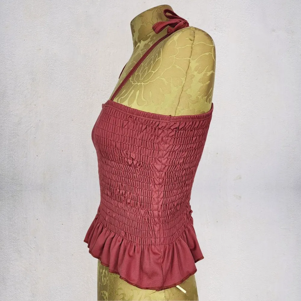 Blusa brechó regata franzida vermelha tijolo boho 70s