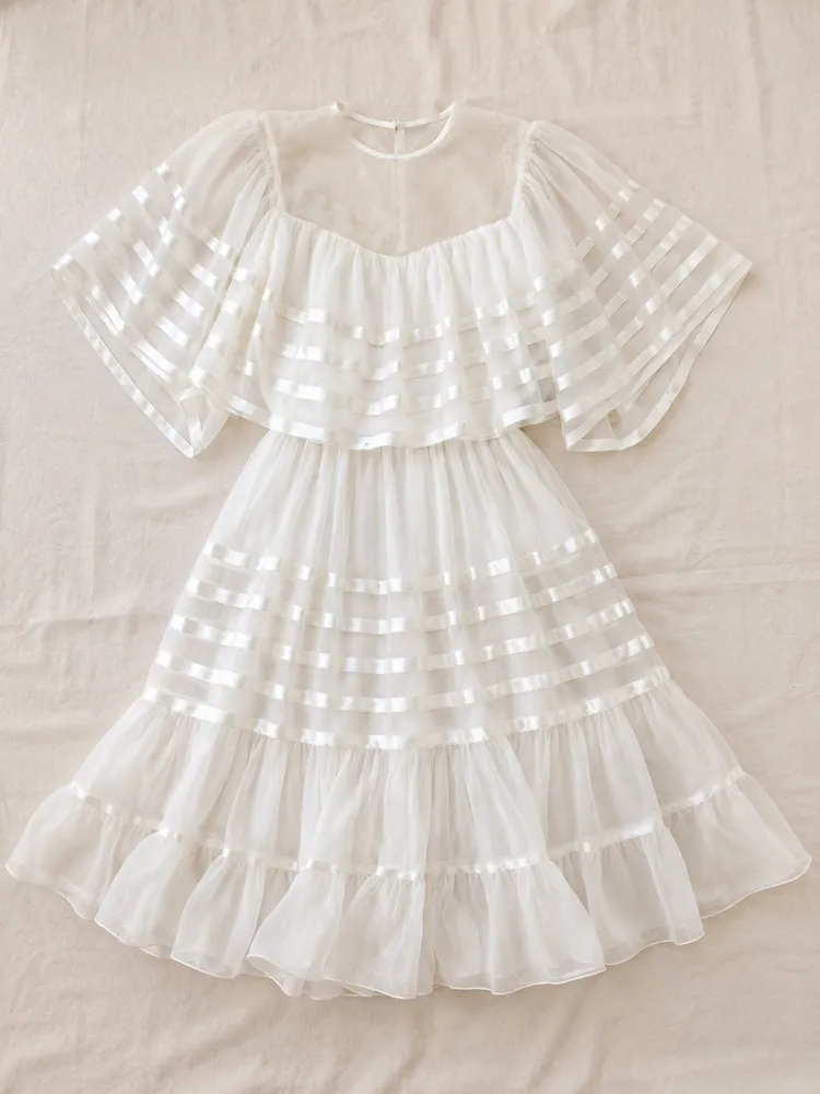Brechó Vestido Vintage Anos 70 Chiffon Branco Romântico