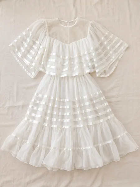 Brechó Vestido Vintage Anos 70 Chiffon Branco Romântico