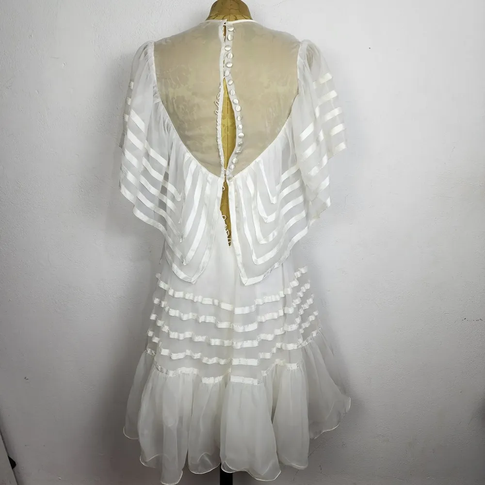 Brechó Vestido Vintage Anos 70 Chiffon Branco Romântico