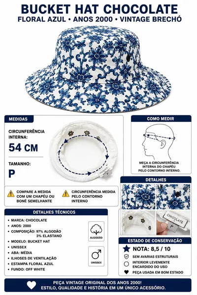Brechó Bucket Hat Chocolate Floral Azul Branco Anos 2000