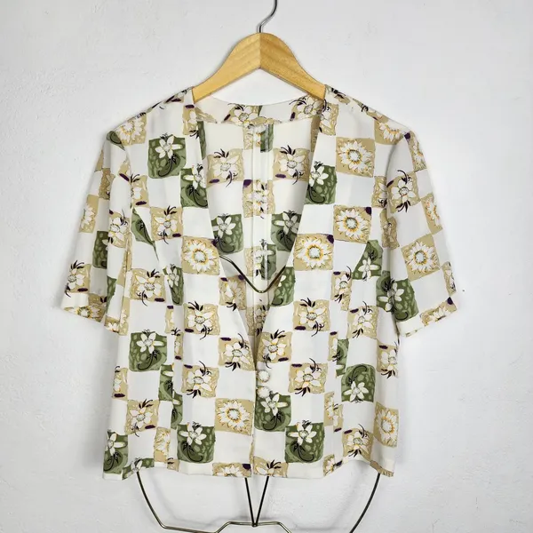 Blusa Vintage Anos 90 Floral Geométrica Off White Brechó
