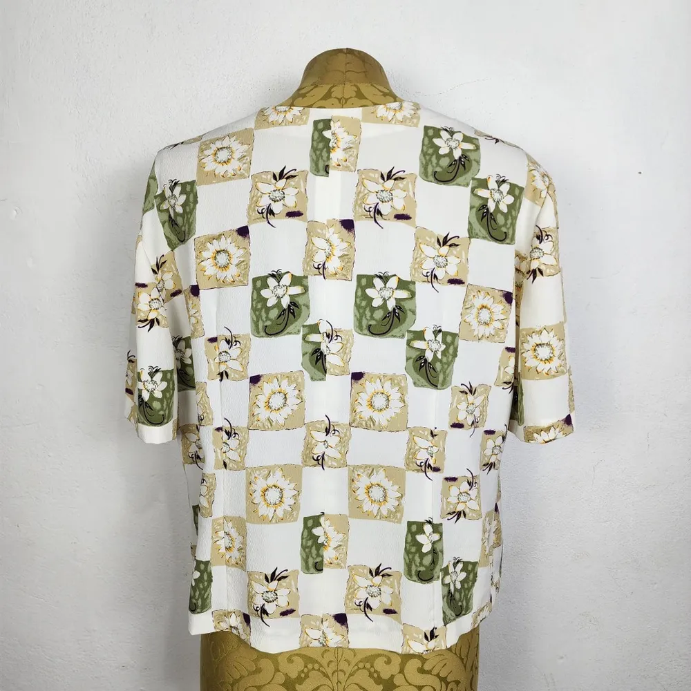 Blusa Vintage Anos 90 Floral Geométrica Off White Brechó