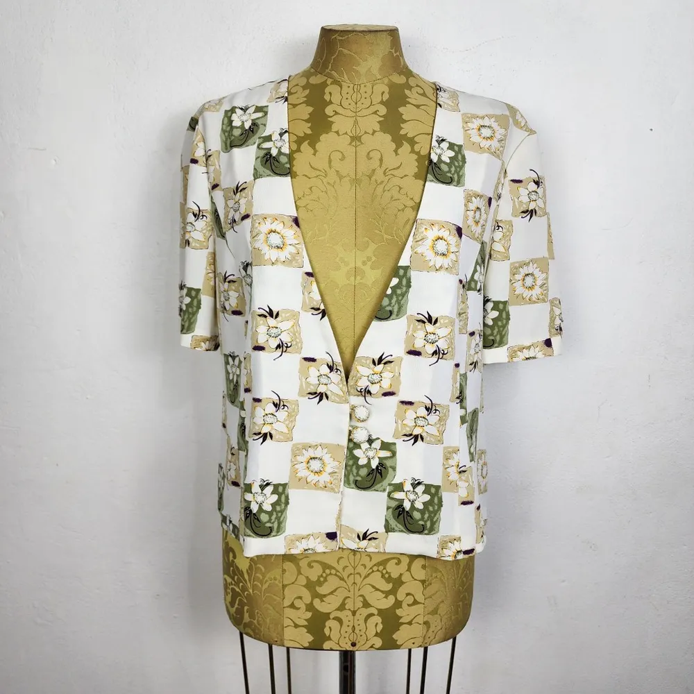 Blusa Vintage Anos 90 Floral Geométrica Off White Brechó