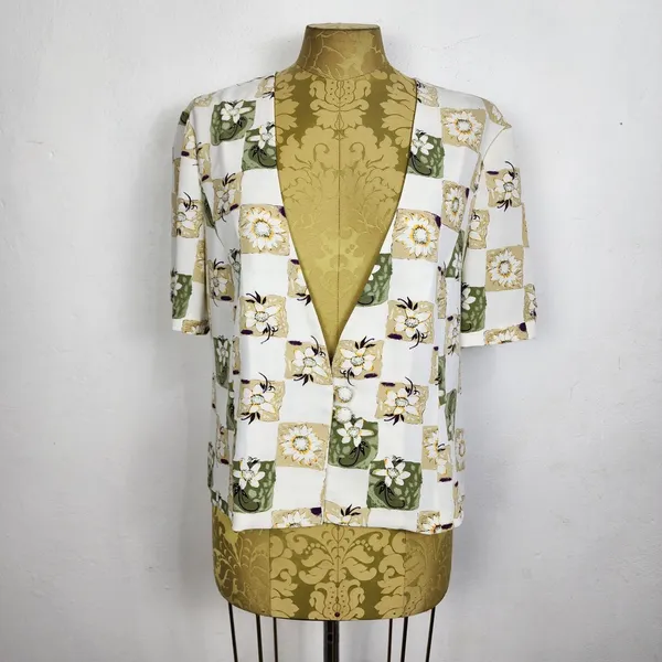 Blusa Vintage Anos 90 Floral Geométrica Off White Brechó