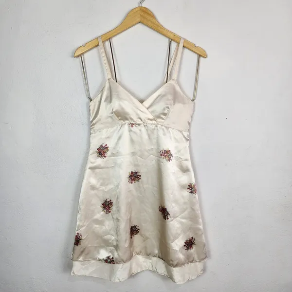 Vestido Brechó Vintage Anos 90 Acetinado Pérola Floral