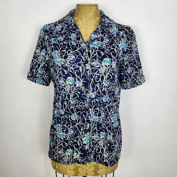 Camisa Vintage Anos 70 Brechó Floral Azul Marinho Poliéster