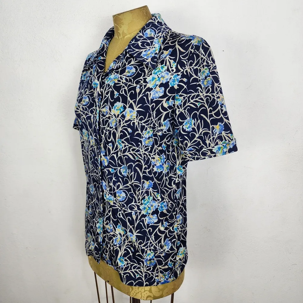 Camisa Vintage Anos 70 Brechó Floral Azul Marinho Poliéster