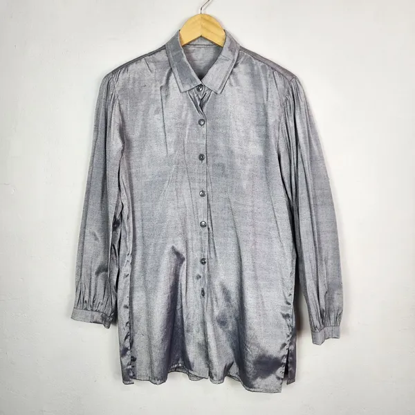 Camisa Feminina Brechó Anos 80 Prata Metalizada Viscose