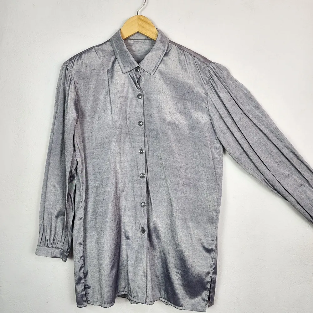 Camisa Feminina Brechó Anos 80 Prata Metalizada Viscose