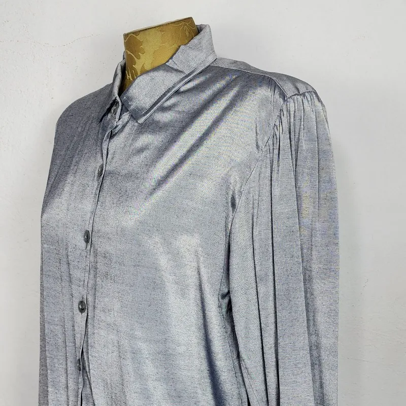 Camisa Feminina Brechó Anos 80 Prata Metalizada Viscose
