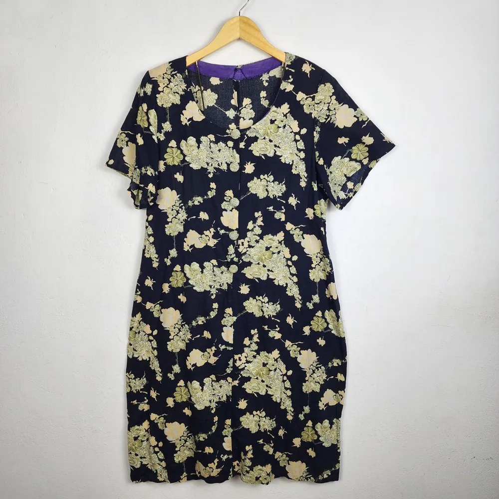 Vestido Brechó Vintage Anos 70 Floral Preto Midi Tamanho 46