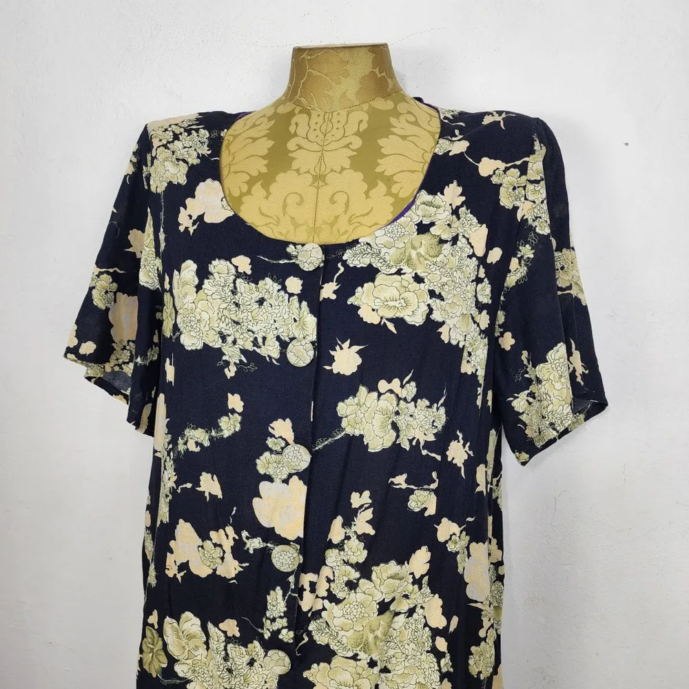 Vestido Brechó Vintage Anos 70 Floral Preto Midi Tamanho 46