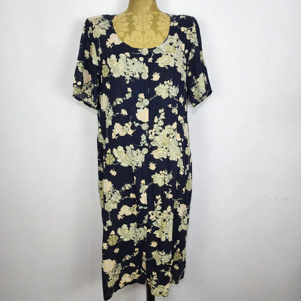 Vestido Brechó Vintage Anos 70 Floral Preto Midi Tamanho 46