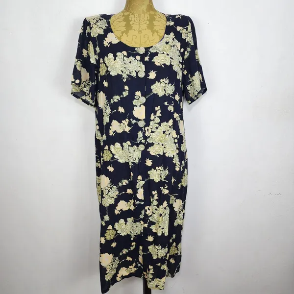 Vestido Brechó Vintage Anos 70 Floral Preto Midi Tamanho 46
