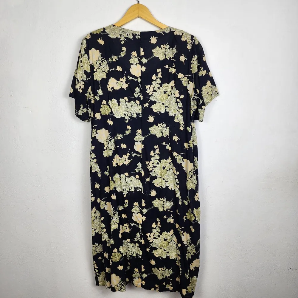 Vestido Brechó Vintage Anos 70 Floral Preto Midi Tamanho 46