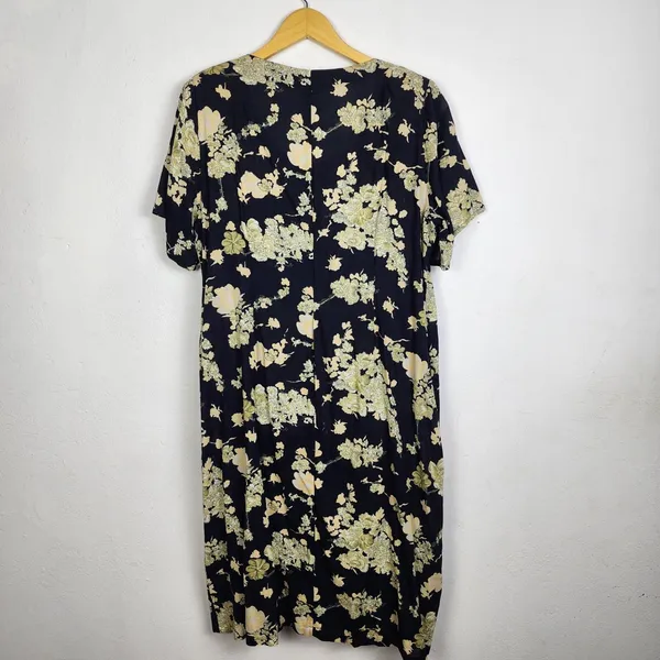 Vestido Brechó Vintage Anos 70 Floral Preto Midi Tamanho 46