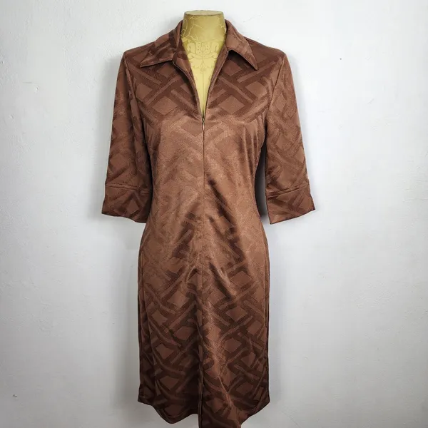 Vestido Marrom Anos 2000 Geométrico Manga 3/4