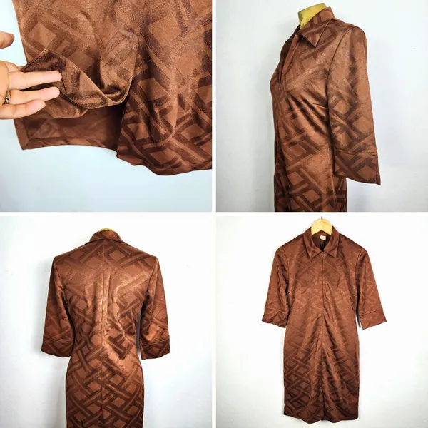Vestido Marrom Anos 2000 Geométrico Manga 3/4