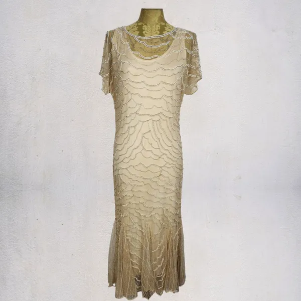Vestido Vintage Bordado Em Miçangas Tule Artesanal Festa