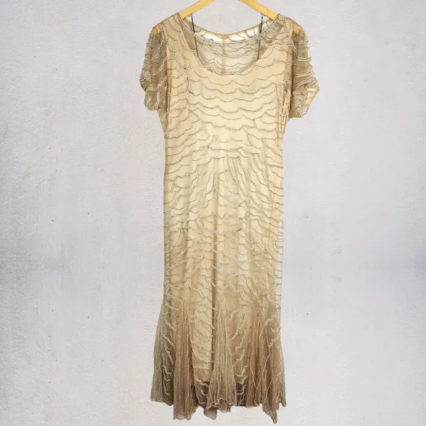 Vestido Vintage Bordado Em Miçangas Tule Artesanal Festa
