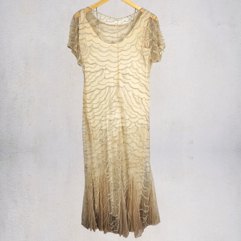 Vestido Vintage Bordado Em Miçangas Tule Artesanal Festa