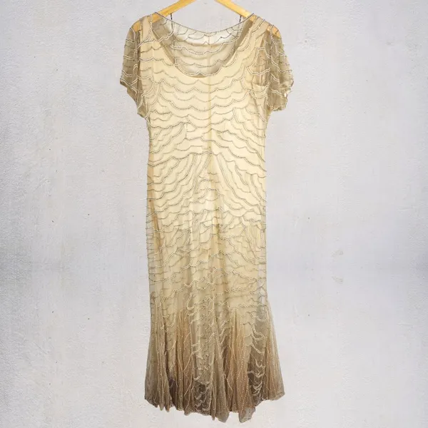 Vestido Vintage Bordado Em Miçangas Tule Artesanal Festa