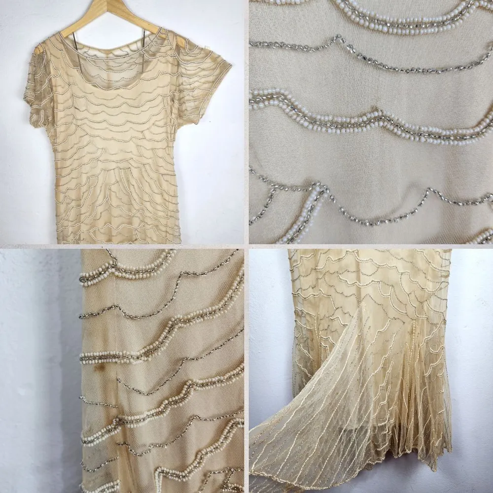 Vestido Vintage Bordado Em Miçangas Tule Artesanal Festa