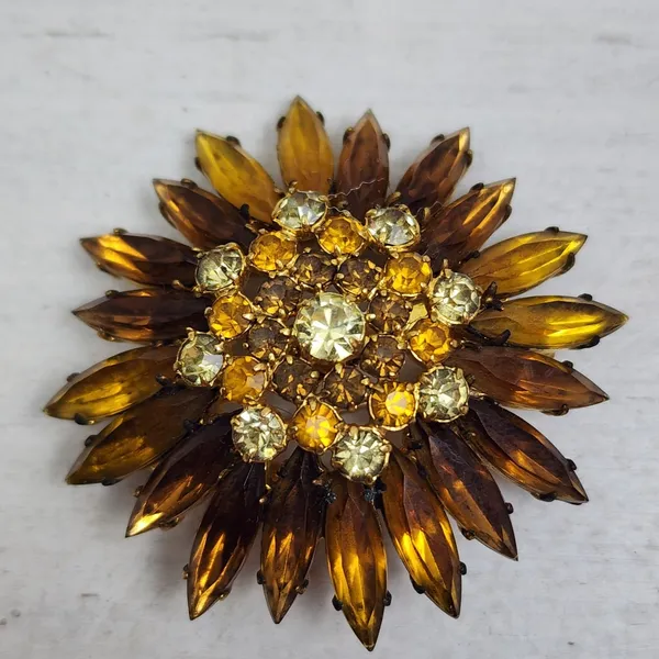 Broche Vintage Flor Strass Âmbar Dourado Anos 50 60 Raridade