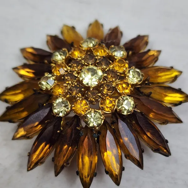 Broche Vintage Flor Strass Âmbar Dourado Anos 50 60 Raridade