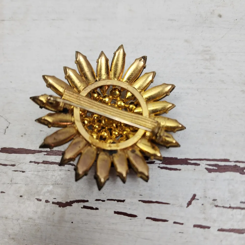 Broche Vintage Flor Strass Âmbar Dourado Anos 50 60 Raridade