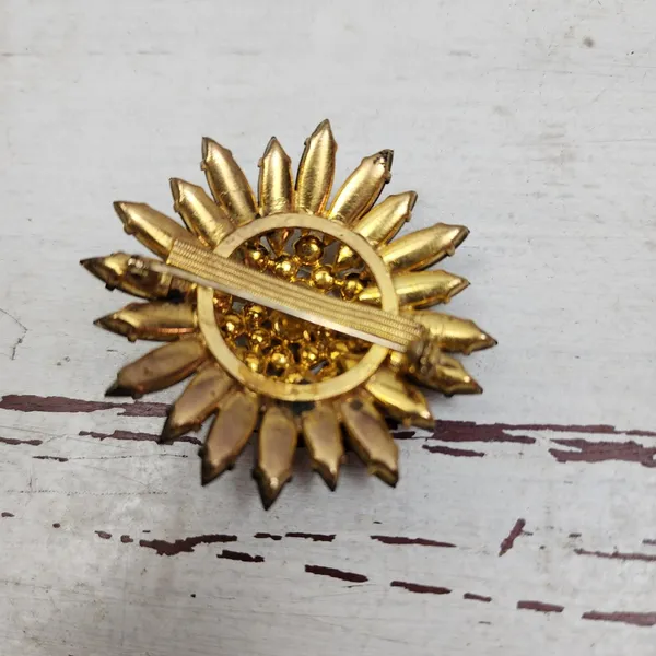 Broche Vintage Flor Strass Âmbar Dourado Anos 50 60 Raridade