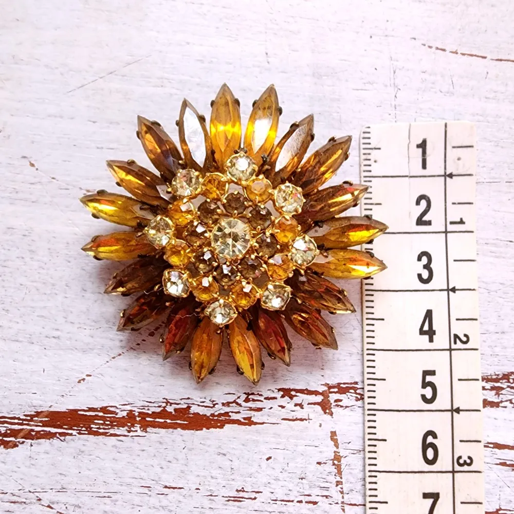 Broche Vintage Flor Strass Âmbar Dourado Anos 50 60 Raridade