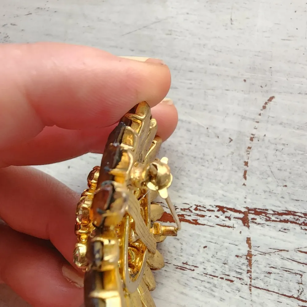 Broche Vintage Flor Strass Âmbar Dourado Anos 50 60 Raridade