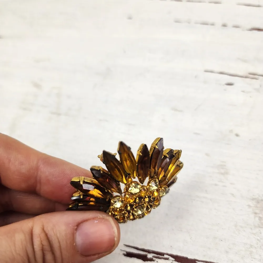 Broche Vintage Flor Strass Âmbar Dourado Anos 50 60 Raridade