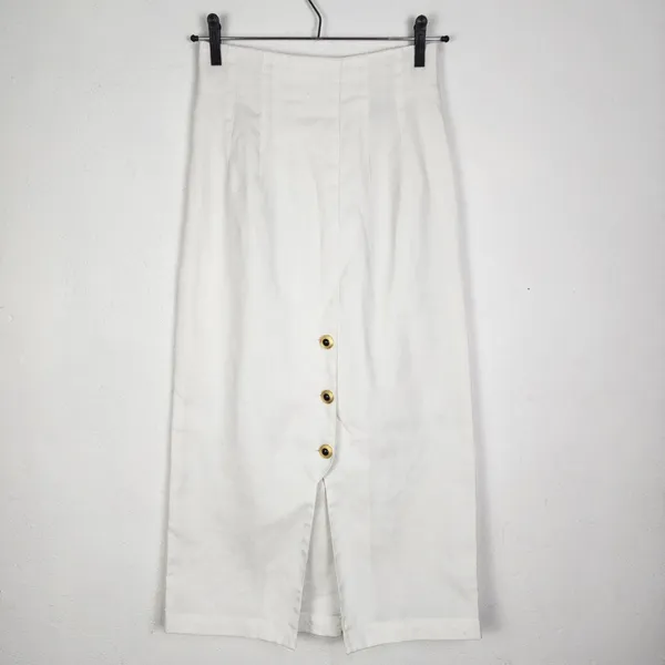Saia Vintage Linho Viscose Off White Cintura Alta Anos 90