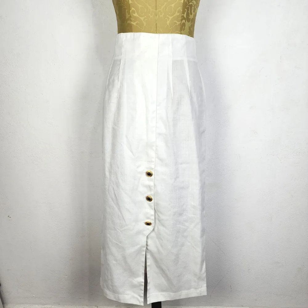 Saia Vintage Linho Viscose Off White Cintura Alta Anos 90