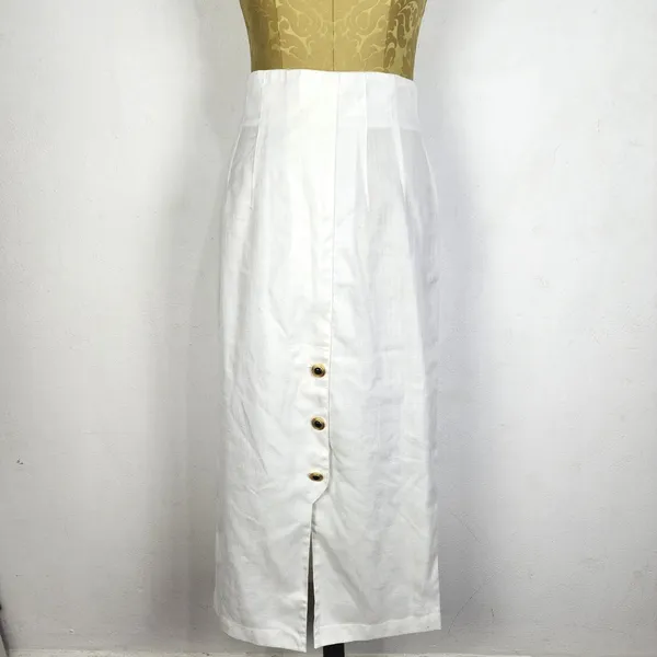 Saia Vintage Linho Viscose Off White Cintura Alta Anos 90