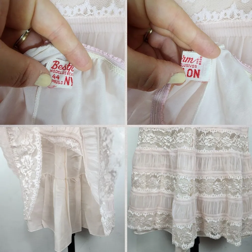 Anágua Vintage Nylon Rendada Rosa Anos 50 Rara Brechó