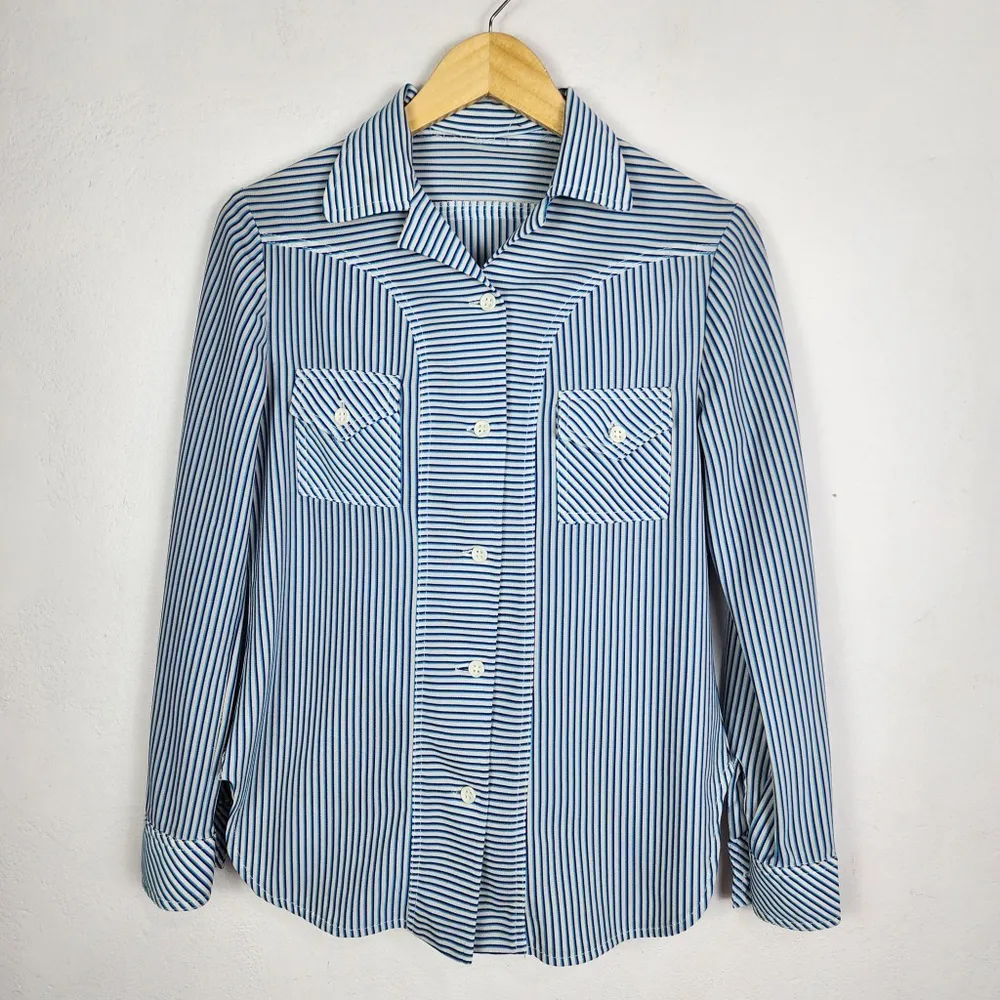 Camisa Vintage Anos 70 Listrada Azul Branca Unissex