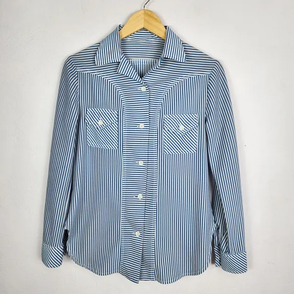 Camisa Vintage Anos 70 Listrada Azul Branca Unissex