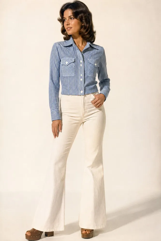 Camisa Vintage Anos 70 Listrada Azul Branca Unissex