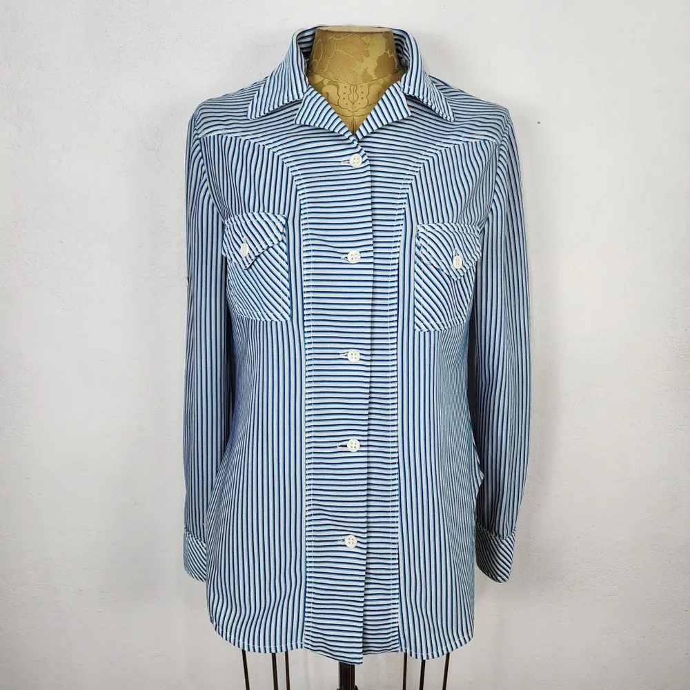 Camisa Vintage Anos 70 Listrada Azul Branca Unissex