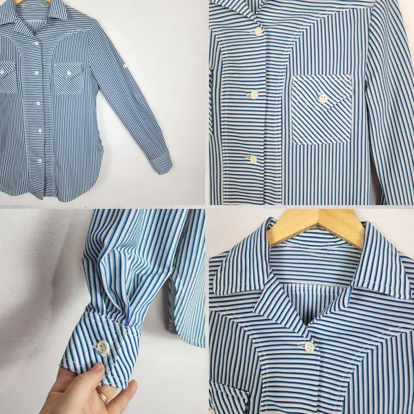 Camisa Vintage Anos 70 Listrada Azul Branca Unissex
