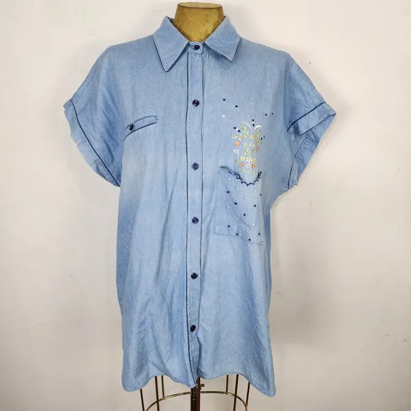 Camisa Feminina Vintage Anos 90 Azul Bordada Tamanho G