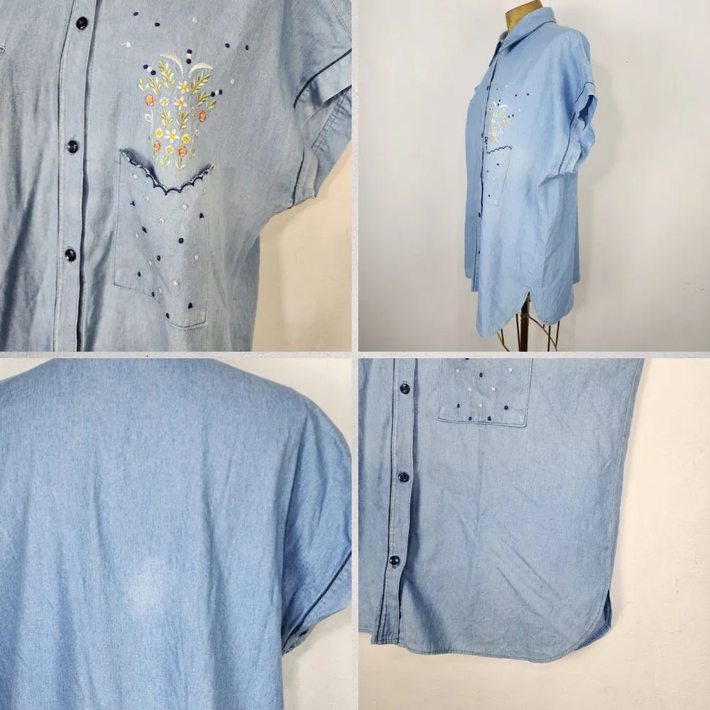 Camisa Feminina Vintage Anos 90 Azul Bordada Tamanho G