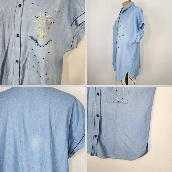 Camisa Feminina Vintage Anos 90 Azul Bordada Tamanho G
