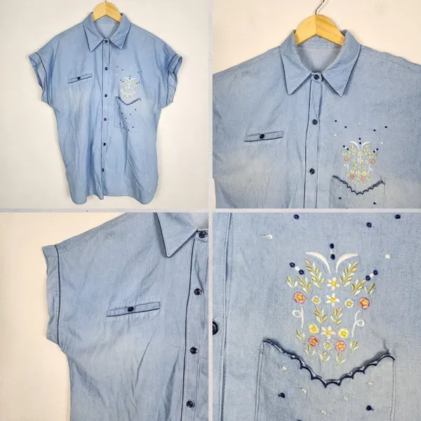 Camisa Feminina Vintage Anos 90 Azul Bordada Tamanho G